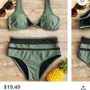 Green Sheer Mesh Insert High-Waisted Bikini